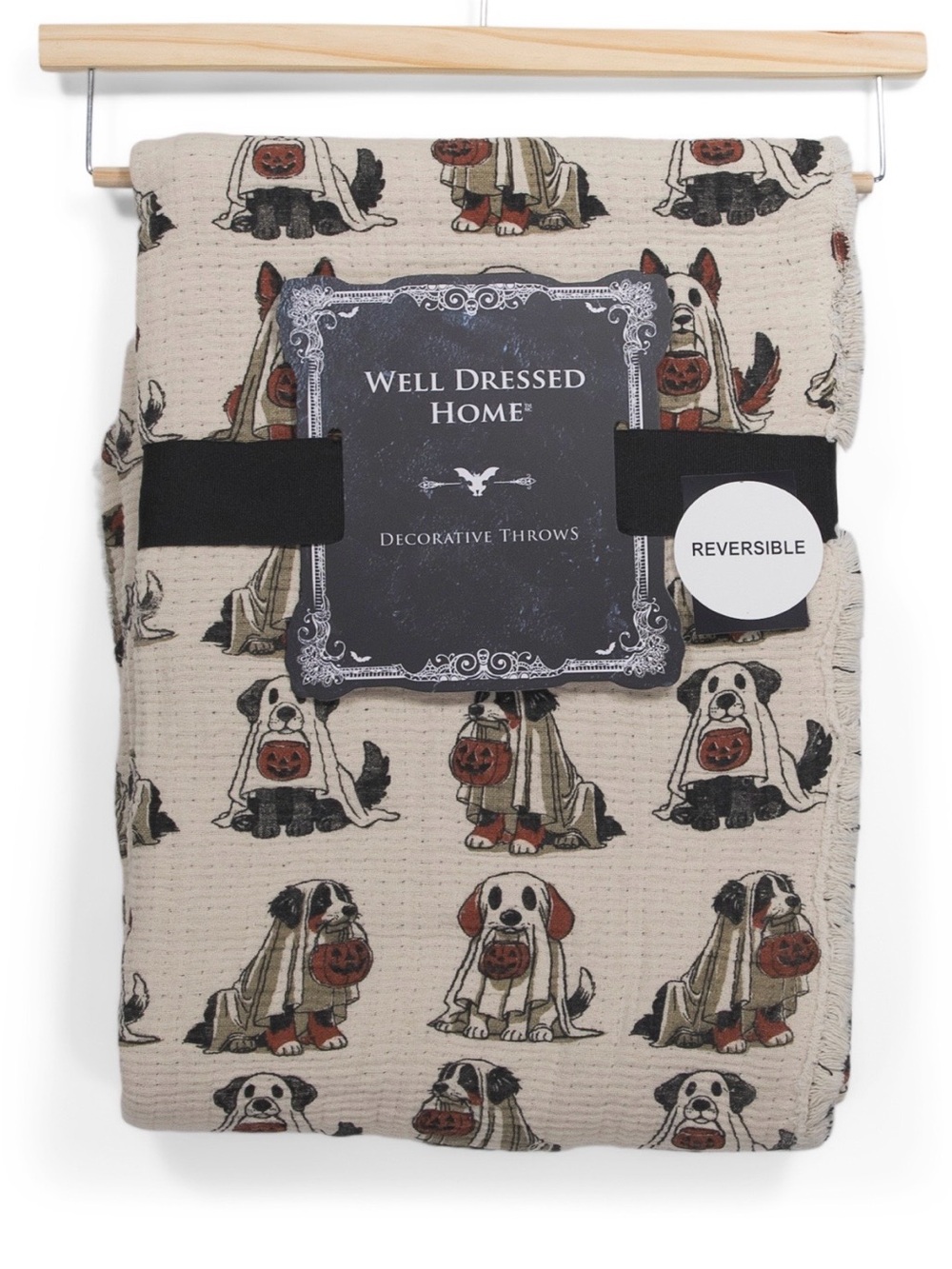 Reversible Decorative Throw in Beige with Halloween Dog Print- ADORABLE